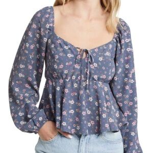 BP Nordstrom’s Blue Puff Sleeve Tie Front Blouse XXS NWOT